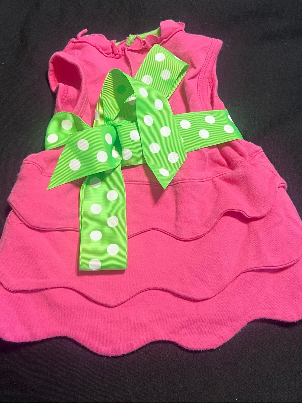 Mud Pie Pink Ruffled Baby Dress with Green Polka Dot Belt & Bow 0 to 6 months - Picture 2 of 7